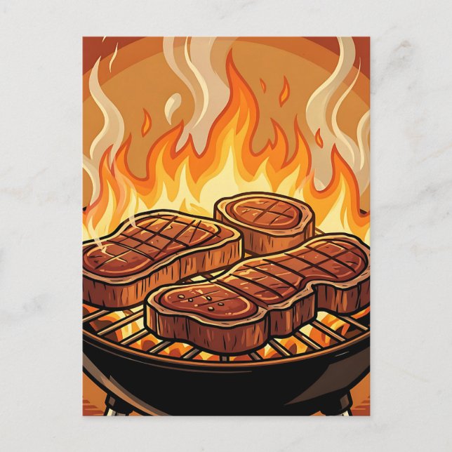 Steaks Grillen BBQ Flammen Postkarte (Vorderseite)