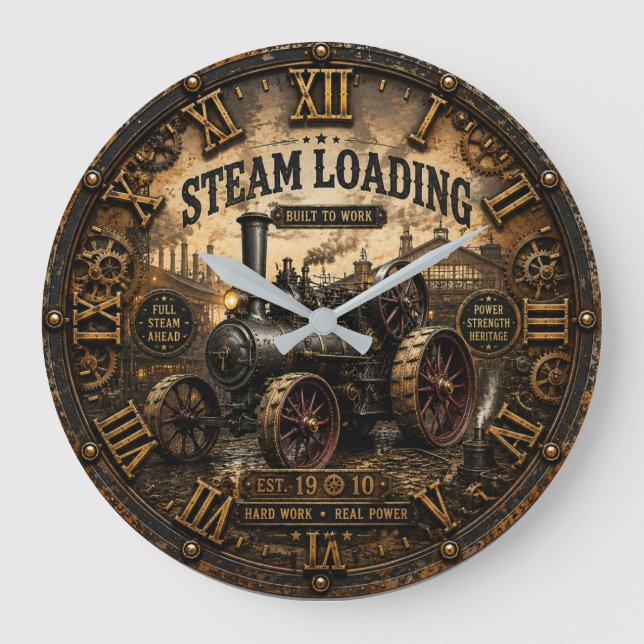 Steam Engine Vintage Steampunk Tractor Große Wanduhr (Vorderseite)