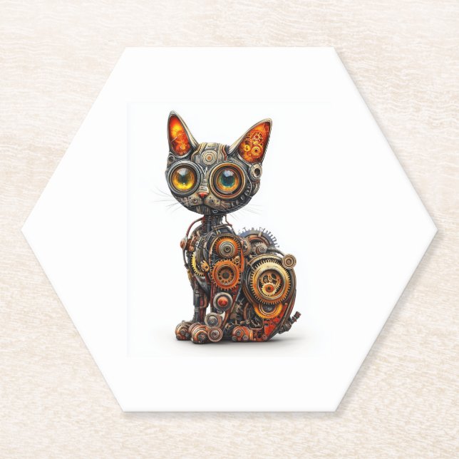 Steam Powered Purr � Steampunk Robot Cat Untersetzer (Vorderseite)