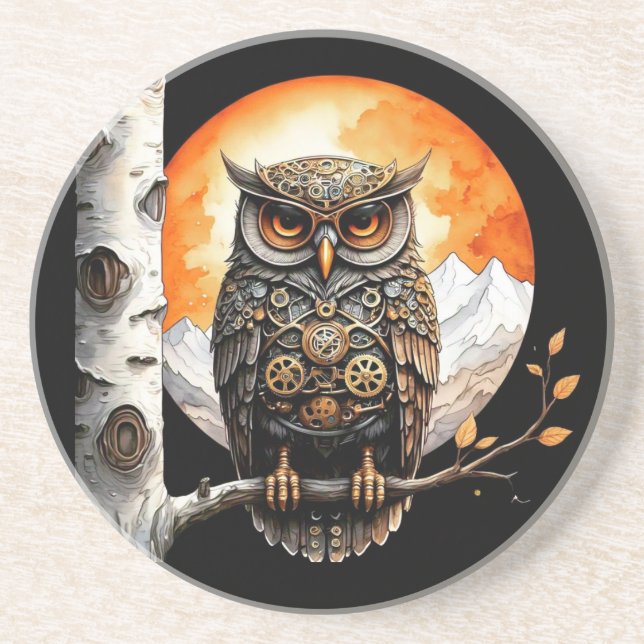 Steam Punk Blue Mit Augen Owl und Vollmond Getränkeuntersetzer (Vorne)