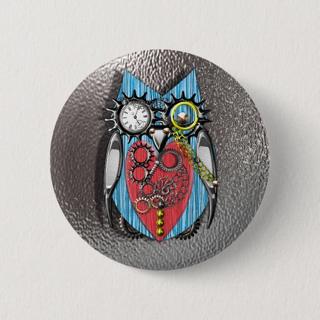 Steam Punk Funny Mechanical Owl Red Blue Button (Vorderseite)
