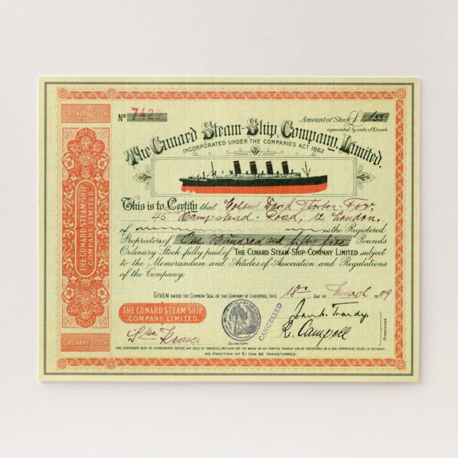 Steam-Ship Company 1909 Stock Certificate (Horizontal)