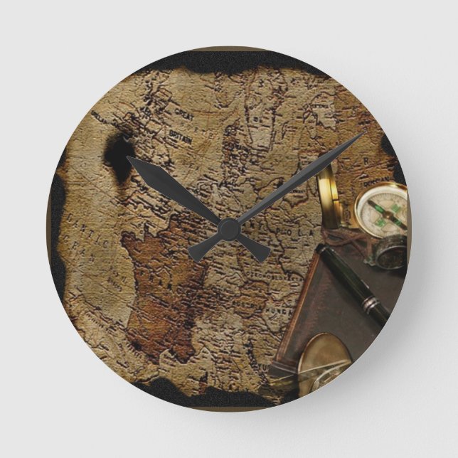 Steamphanseiten-Zubehör, Karte, Kompass Runde Wanduhr (Vorderseite)