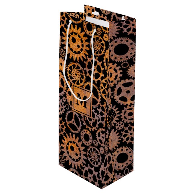 Steampton Rusty Gears Custom Monogram Block Geschenktüte Für Weinflaschen (Vorderseite Schrägansicht)