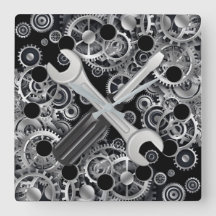 Steampton Silver Gears & Tools Square Wall Clock