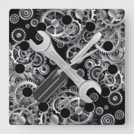 Steampton Silver Gears & Tools Square Wall Clock Quadratische Wanduhr