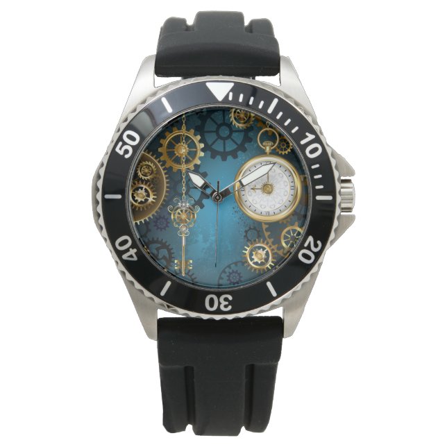 Steampun türkis Hintergrund mit Gears Armbanduhr (Vorderseite)