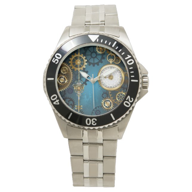Steampun türkis Hintergrund mit Gears Armbanduhr (Vorderseite)