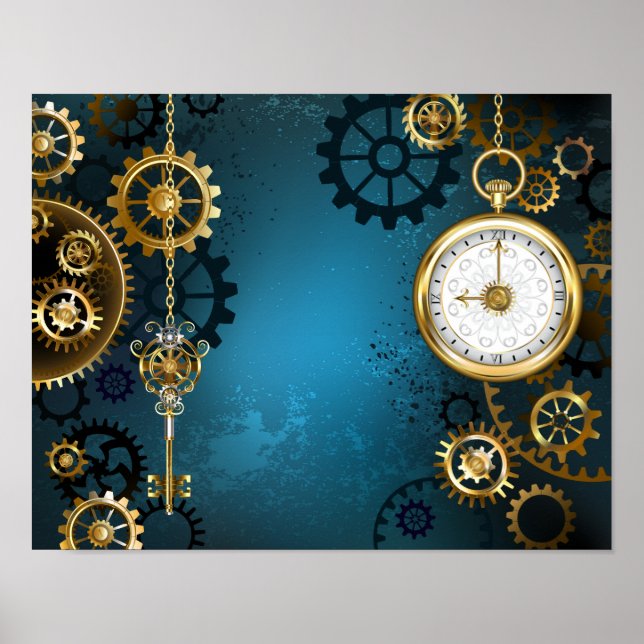 Steampun turquoise Background with Gears Poster (Vorne)