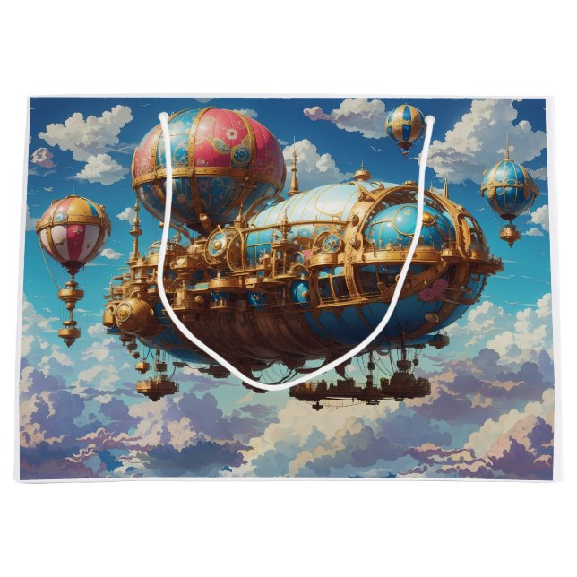 Steampunk Airship and Balloons in Sky Große Geschenktüte (Vorderseite)