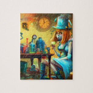 Steampunk-Alice beim Herstellen von Tränken in ein