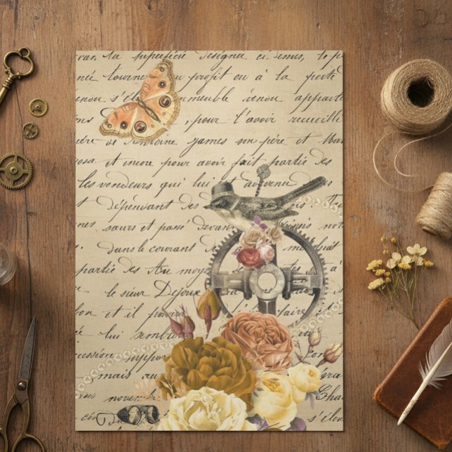 Steampunk Alter Viktorianischer Decoupage Bird Vin Seidenpapier (Von Creator hochgeladen)