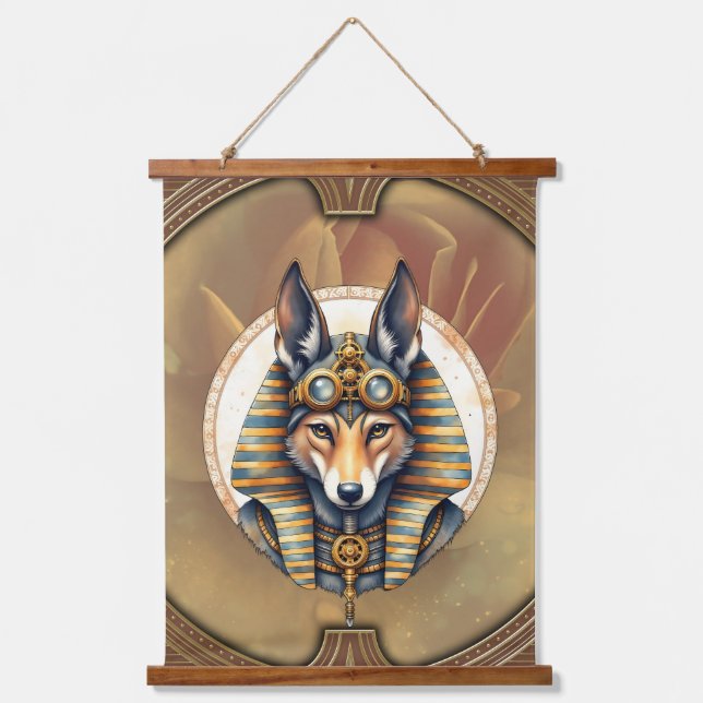 Steampunk Anubis Fox Portrait Wandteppich Mit Holzrahmen (Vorderseite)