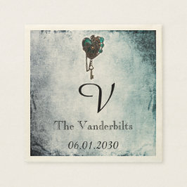 Steampunk Aquamarin Heart Monogram Wedding Napkin Serviette