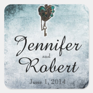 Steampunk Aquamarin Heart Wedding Umschlag Aufkleb Quadratischer Aufkleber