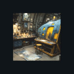 Steampunk Artist Submarine Studio Chaos Leinwanddruck<br><div class="desc">A dimly lit, riveted submarine-like chamber serves as an overflowing artist's sanctuary. A large easel displays an unfinished portrait while every surface groans under jars of paint, brushes, old books, mechanical oddities, and half-finished canvases. Warm lanterns and hanging bulbs throw golden pools across a cluttered workbench and paint-splattered drop cloth,...</div>