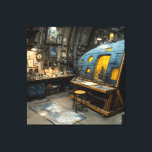 Steampunk Artist Submarine Studio Chaos Leinwanddruck<br><div class="desc">A dimly lit, riveted submarine-like chamber serves as an overflowing artist's sanctuary. A large easel displays an unfinished portrait while every surface groans under jars of paint, brushes, old books, mechanical oddities, and half-finished canvases. Warm lanterns and hanging bulbs throw golden pools across a cluttered workbench and paint-splattered drop cloth,...</div>