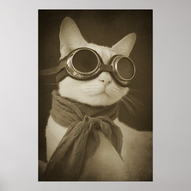 Steampunk Aviator Cat Sepia Portrait Poster (Vorne)