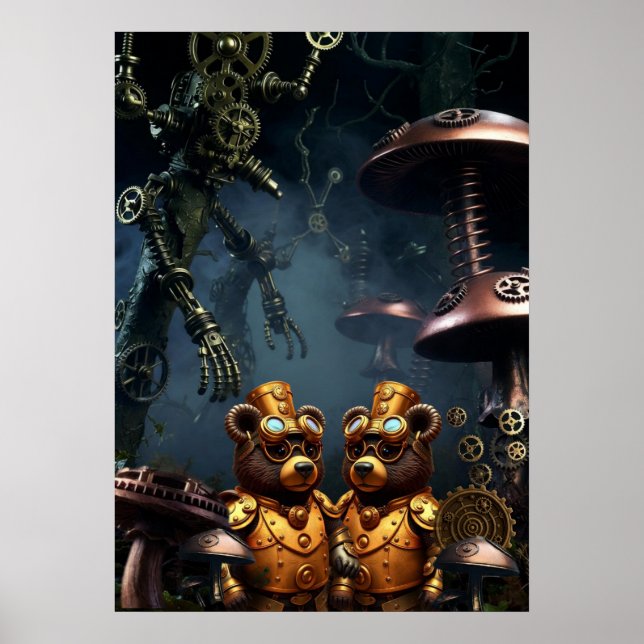 Steampunk Bears in Clockwork Forest Fantasy Art Poster (Vorne)