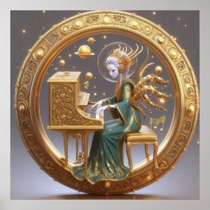 Steampunk Beautiful Space Alien Klavier spielen Poster