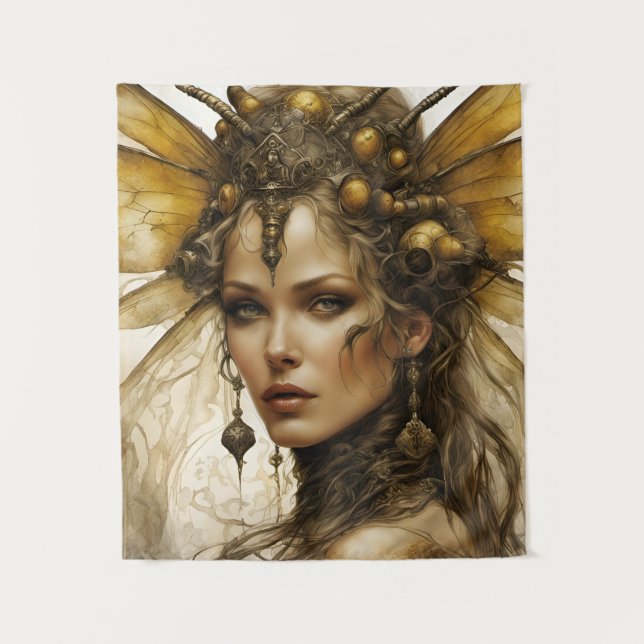 Steampunk Bee Insect Woman Tapestry Wandteppich (Vorderseite)