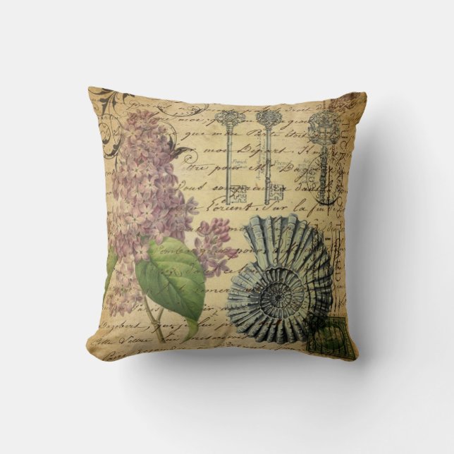 steampunk befestigt französische botanische lila kissen (Vorderseite)