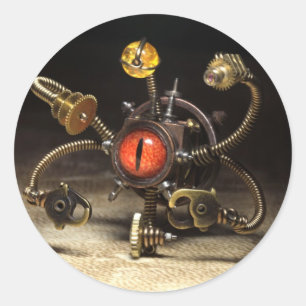 Steampunk Beholder Robot Runder Aufkleber