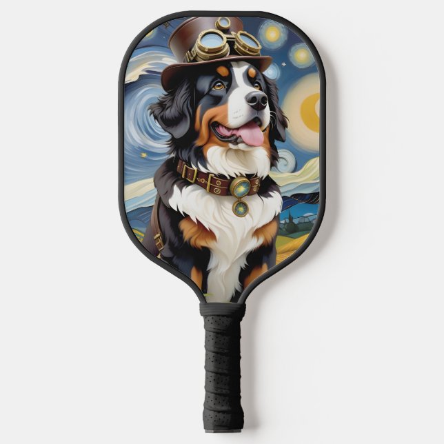Steampunk Bernese Mountain Dog Pickleball Schläger (Vorderseite)