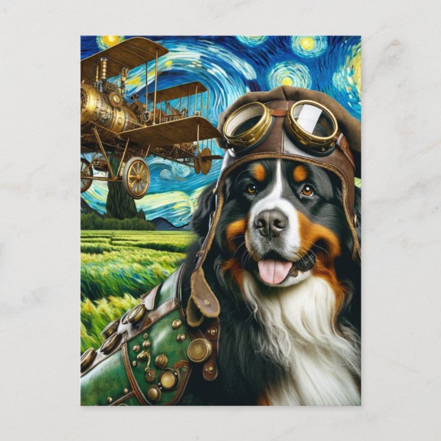 Steampunk Bernese Mountain Dog Van Gogh Postkarte (Vorderseite)