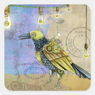 Steampunk Bird Erfindung Edison Light Bulb Aufkleb Quadratischer Aufkleber