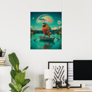 Steampunk Bird Rowing Surreal Lake Kosmic Poster