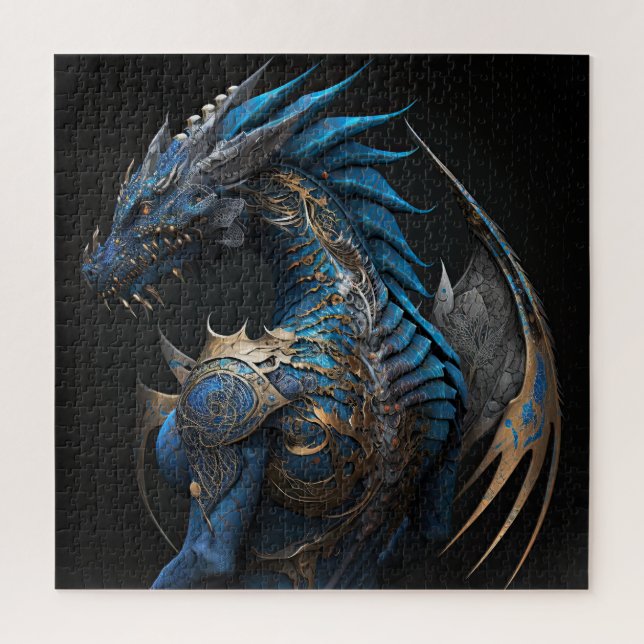 Steampunk-Blauer Drache mit Metallflügeln AI Art (Vertikal)