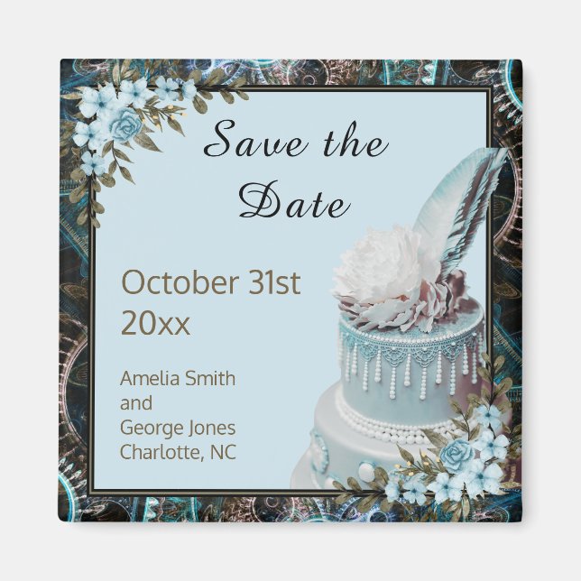 Steampunk Blue Floral Wedding Save the Date Magnet (Vorne)