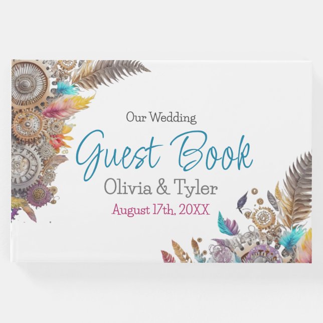 Steampunk, Blume und Feathers Wedding Gästebuch (Vorderseite)