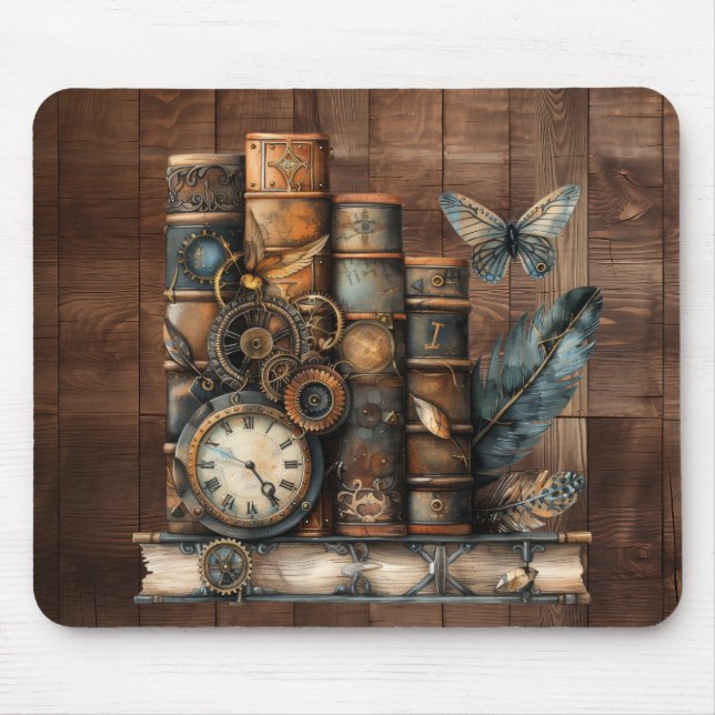 Steampunk Books Wood Background Mousepad (Vorne)