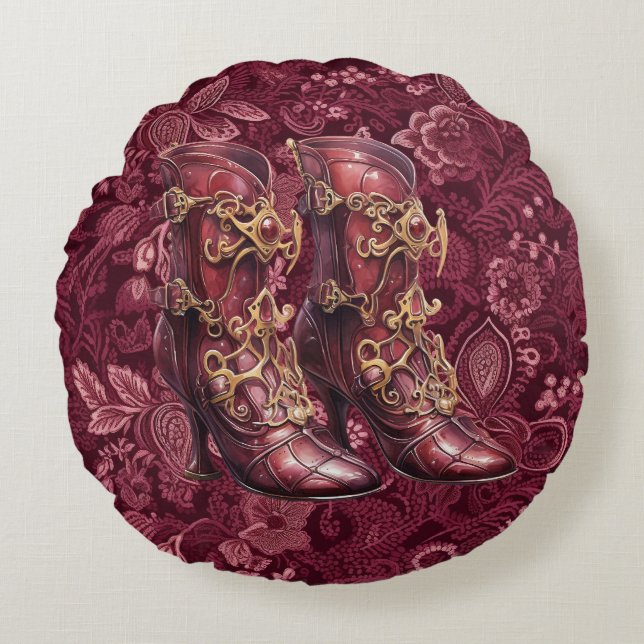 Steampunk Bourgogne Floral Haut talon Coussin rond (Devant)
