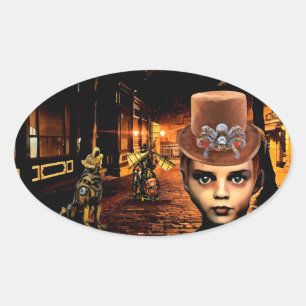 Steampunk Boy and Robot Dog sci fantasy art Ovaler Aufkleber