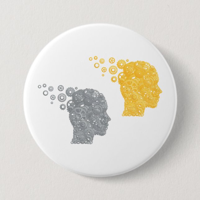 Steampunk Brain Power Cogwheel Heads Button (Vorderseite)