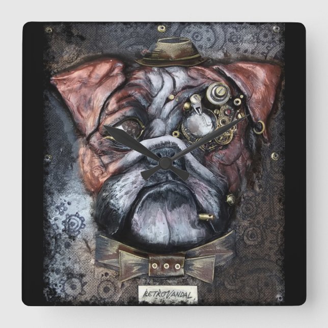Steampunk British Bulldog Clock Quadratische Wanduhr (Vorderseite)