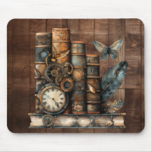 Steampunk-Bücher Holz Hintergrund Mauspad