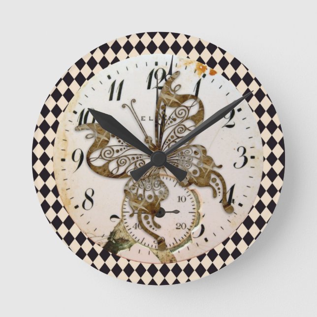 Steampunk Butterfly Round Runde Wanduhr (Vorderseite)