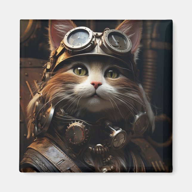 Steampunk Cat Art Illustration Magnet (Vorne)