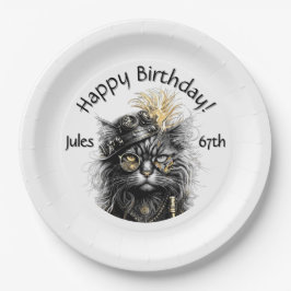 Steampunk Cat Birthday with Name n Age Pappteller