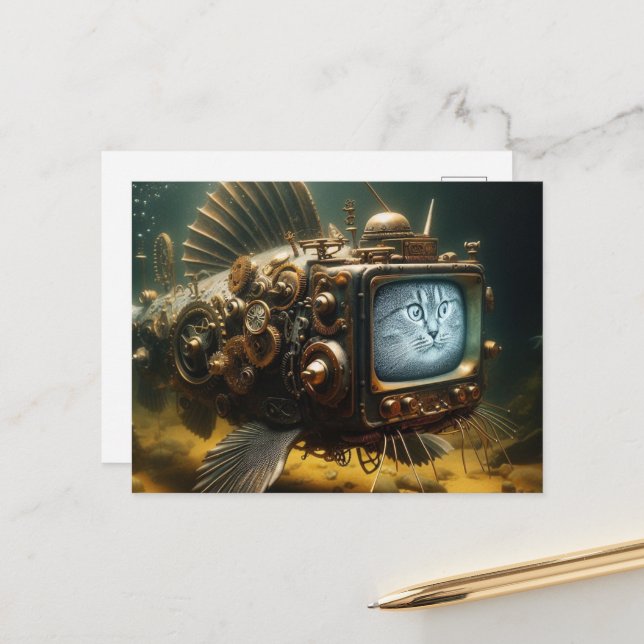 Steampunk Cat Fish Postkarte (Vorderseite/Rückseite Beispiel)
