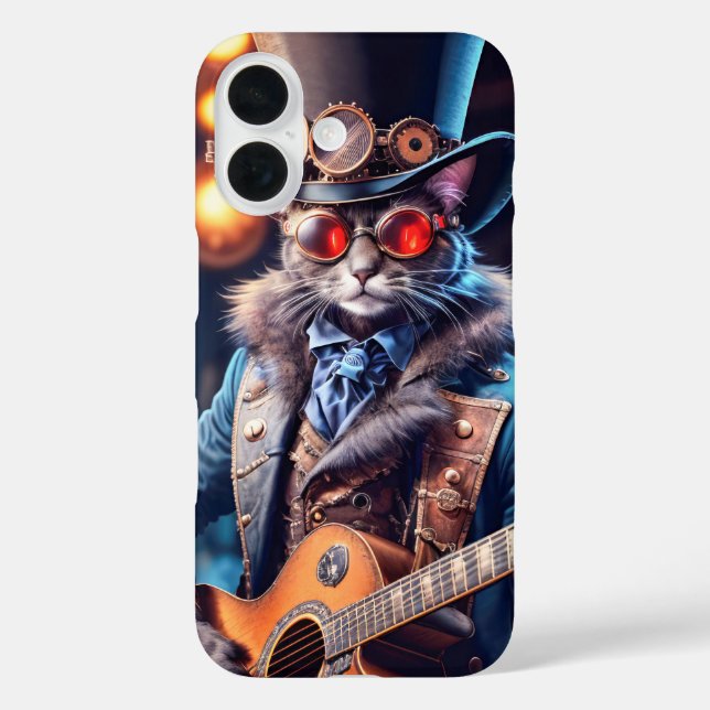 Steampunk Cat Gitarre spielen, Top Hut und Brille iPhone 16 Hülle (Rückseite)