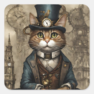 Steampunk Cat Quadratischer Aufkleber