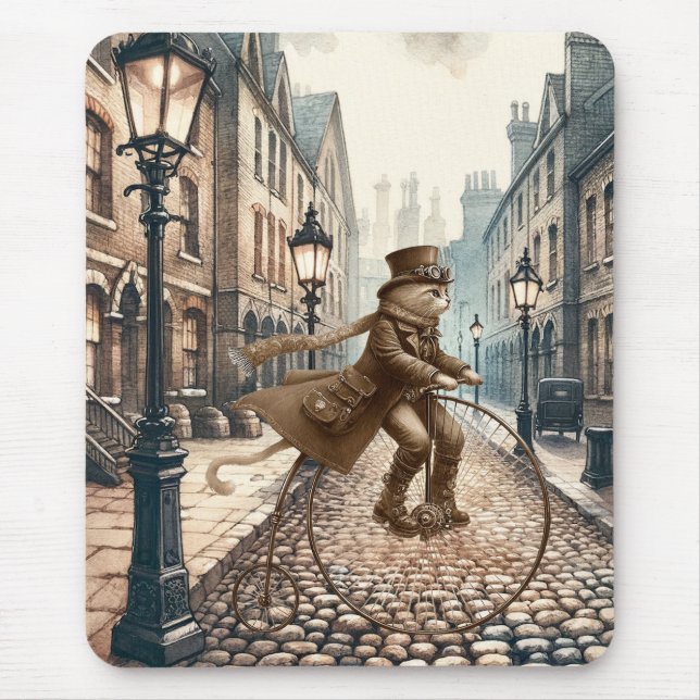 Steampunk Cat Riding a Penny farthing Bike Mousepad (Vorne)