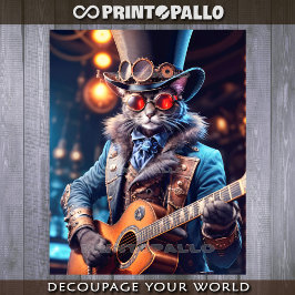 Steampunk cat: top hat, goggle, guitar - Decoupage Geschenkpapier Set