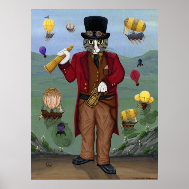 Steampunk Cat Viktorianisch Portrait Gothic Fantas Poster (Vorne)