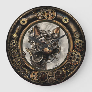 Steampunk Cat Wearing Goggles - WALL CLOCK Große Wanduhr